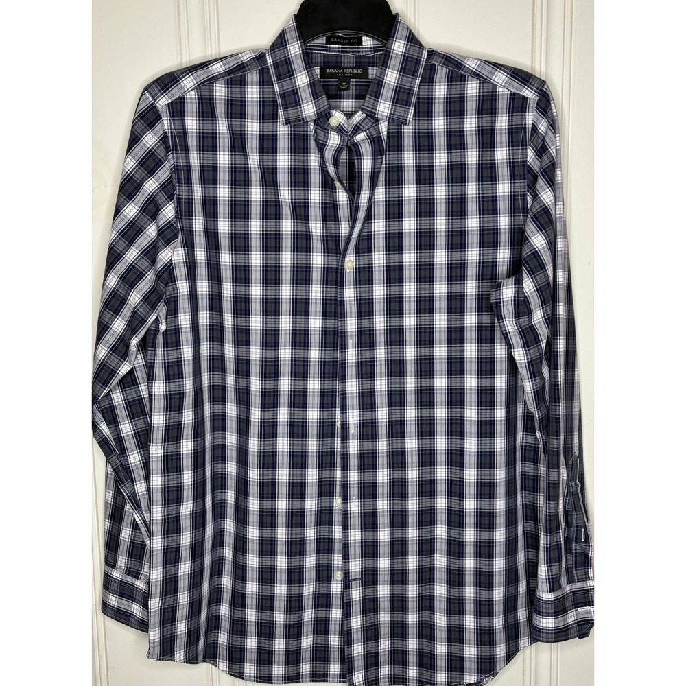 Banana Republic Shirt Mens M Blue Plaid Camden Fit Non-Iron Cotton Button Down